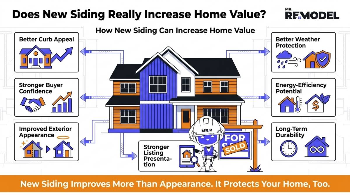 Benefits infographic illustrating how new siding can improve curb appeal, buyer confidence, and resale appeal.